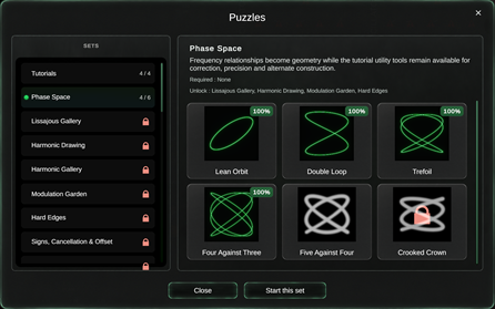 Oscilloscopia campaign menu showing puzzle sets and progression