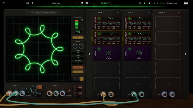 Oscilloscopia Curly Nine puzzle with a glowing nine-loop figure on the oscilloscope