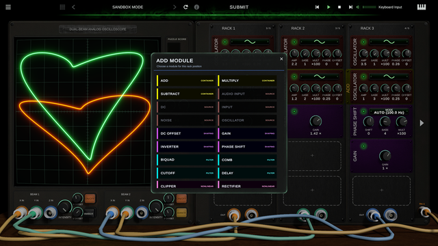 Oscilloscopia sandbox with the Add Module panel open and two glowing traces