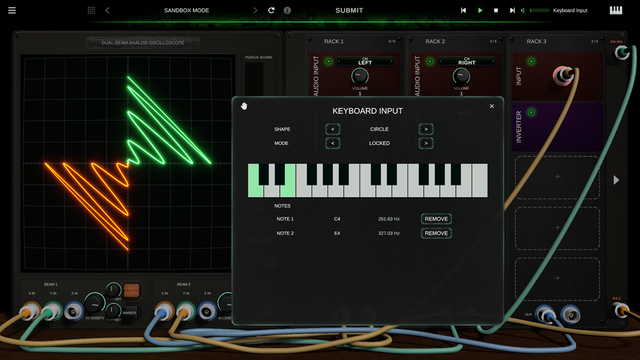 Oscilloscopia sandbox with the Keyboard Input panel open and two colored traces